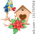 Christmas composition with titmouse, birdhouse and poinsettia 131797958
