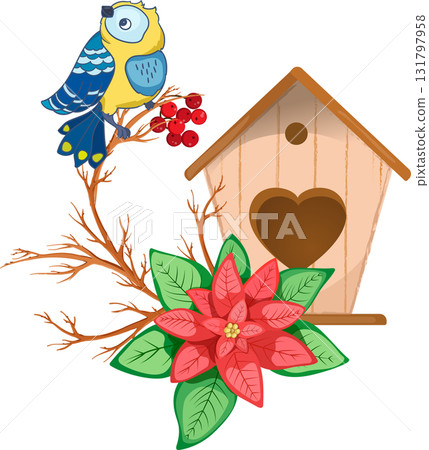 Christmas composition with titmouse, birdhouse and poinsettia 131797958