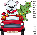 polar bear rides in a red car with gifts and a Christmas tree 131797961