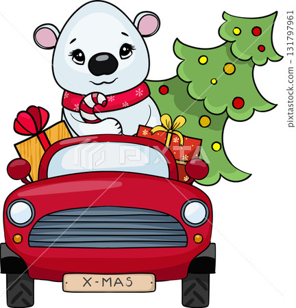 polar bear rides in a red car with gifts and a Christmas tree 131797961