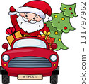 santa claus rides a red car with gifts 131797962