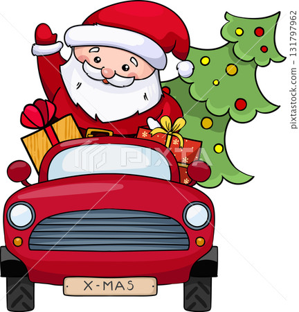 santa claus rides a red car with gifts 131797962