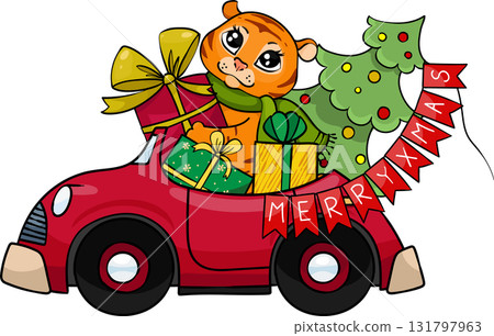 A cute little tiger drives a red car and carries a Christmas tree with gifts. New Year clipart. 131797963