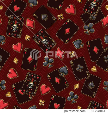 Seamless pattern with randomly scattered ace cards, joker card, card suits icons on card back ornament. Gambling, casino theme. Vintage style Seamless pattern with randomly scattered ace cards, joker card, card suits icons on card back ornament. Gambling, casino theme. Vintage style 131798061