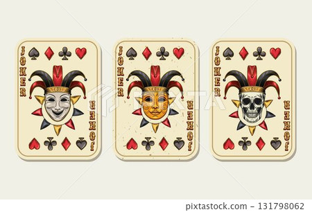 Set of white joker cards with skull, theatrical masks in harlequin hat, icons of playing card suits. Vintage style. 131798062