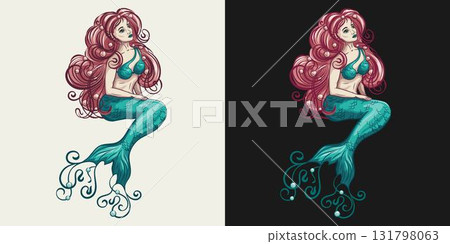 Whimsical beautiful mermaid with flowing, curly red hair and dreamy expression. Pearls are woven into hair and tail. Sense of underwater fantasy and marine enchantment 131798063