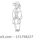身穿和服、提著行李箱旅行的女子的線條畫 131798227