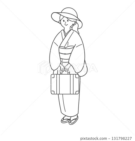 身穿和服、提著行李箱旅行的女子的線條畫 131798227