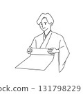 線條畫：一名男子在和服店工作，手裡拿著一捲布料 131798229
