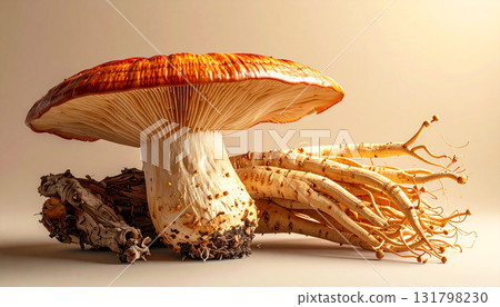 Reishi mushrooms and ginseng roots side by side on a neutral gradient background. Modern minimal style symbolizing adaptogens, natural medicine, vitality, and holistic wellness 131798230