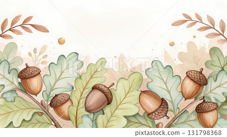 Watercolor acorns and oak leaves create a serene autumn scene on a light background 131798368
