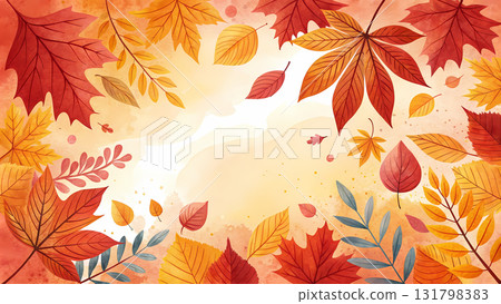 Watercolor autumn background with colorful leaves and abstract shapes in warm tones Watercolor autumn background with colorful leaves and abstract shapes in warm tones 131798383