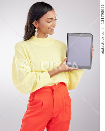 Happy, tech and woman with a tablet, screen and connection on a white studio background. Female person, technology and model with a device, internet and communication with social media and networking Happy, tech and woman with a tablet, screen and connection on a white studio background. Female person, technology and model with a device, internet and communication with social media and networking 131798631