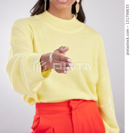 Woman, hand shake with agreement and partnership deal, onboarding and recruitment on studio background. Collaboration, female networking with welcome, offer with thank you or greeting gesture Woman, hand shake with agreement and partnership deal, onboarding and recruitment on studio background. Collaboration, female networking with welcome, offer with thank you or greeting gesture 131798635