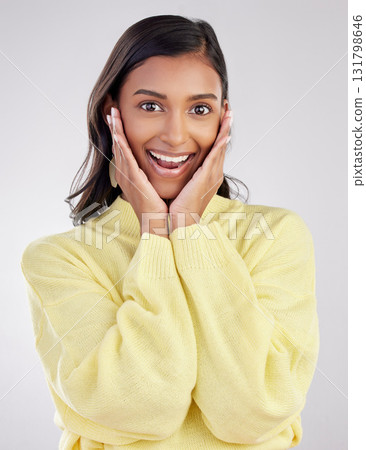 Portrait, wow and woman excited, surprise and happiness isolated on a white studio background. Face, female model or person with joy, smile or winner with positive news, facial expression or cheerful Portrait, wow and woman excited, surprise and happiness isolated on a white studio background. Face, female model or person with joy, smile or winner with positive news, facial expression or cheerful 131798646
