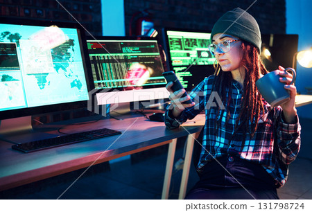 Phone, cyber security or woman by computer screen in dark room at night for coding, phishing or blockchain. Coffee, programmer ux or girl hacking online in digital transformation on global website 131798724