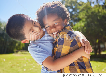 Happy, children or friends hugging in park together for fun, bonding or playing in sunny summer. Portrait, diversity or excited young boy best friends smiling or embracing on school holidays outside Happy, children or friends hugging in park together for fun, bonding or playing in sunny summer. Portrait, diversity or excited young boy best friends smiling or embracing on school holidays outside 131798729