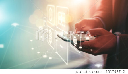 Hologram, communication and hands of businessman with a phone for notification icon, internet and search. Website, digital marketing and person with mobile or cyber interface with menu and web system Hologram, communication and hands of businessman with a phone for notification icon, internet and search. Website, digital marketing and person with mobile or cyber interface with menu and web system 131798742