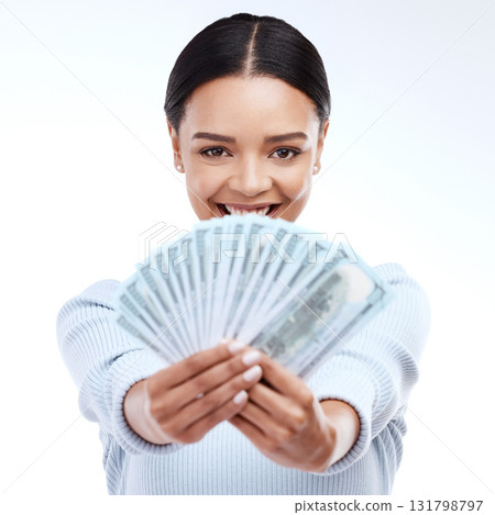 Dollar money, face portrait and happy woman with lotto win, competition giveaway or studio cash award. Financial freedom, bonus or female winner of poker, prize or casino gambling on white background 131798797