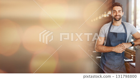 Small business, cafe owner and portrait of man with mockup and confident smile in restaurant startup advertising. Success, happy manager or coffee shop barista with bokeh, apron and service mindset. Small business, cafe owner and portrait of man with mockup and confident smile in restaurant startup advertising. Success, happy manager or coffee shop barista with bokeh, apron and service mindset. 131798800