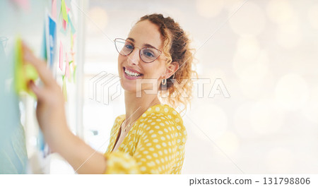 Business woman, project planning and paper sticky notes with happy employee with mockup. Bokeh, creative worker and content schedule planning of a young worker with a smile and web strategy agenda Business woman, project planning and paper sticky notes with happy employee with mockup. Bokeh, creative worker and content schedule planning of a young worker with a smile and web strategy agenda 131798806