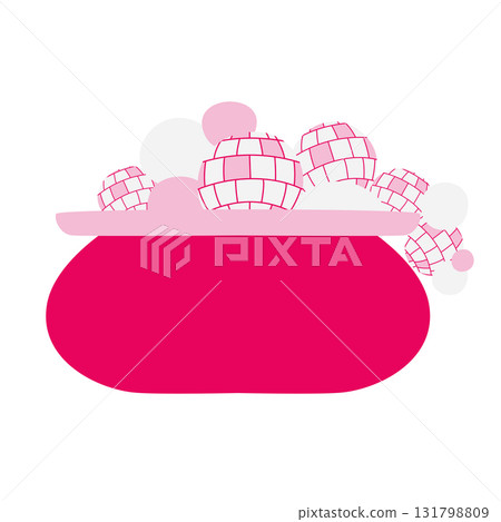 Pink playful cauldron with bubbles and disco balls, magical Halloween decoration Pink playful cauldron with bubbles and disco balls, magical Halloween decoration 131798809