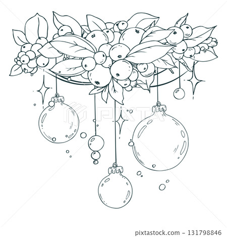 This illustration shows a festive garland of snowberries and berries with hanging Christmas baubles and magical stars. This delicate monochrome line art is ideal for holiday invitations and gift wrap This illustration shows a festive garland of snowberries and berries with hanging Christmas baubles and magical stars. This delicate monochrome line art is ideal for holiday invitations and gift wrap 131798846