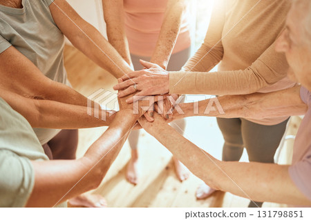 Senior woman, hands together and teamwork in gym for support, collaboration and fitness friends or people. Group hand, exercise team and elderly women with goal, target and success with community 131798851