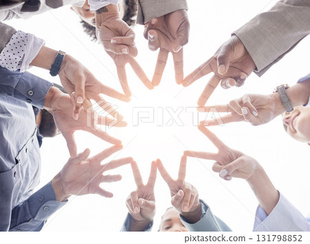 Business people, hands together and peace sign in teamwork or unity forming a star for collaboration below. Hand of team, group or community in trust, coordination and solidarity with sign or signal 131798852