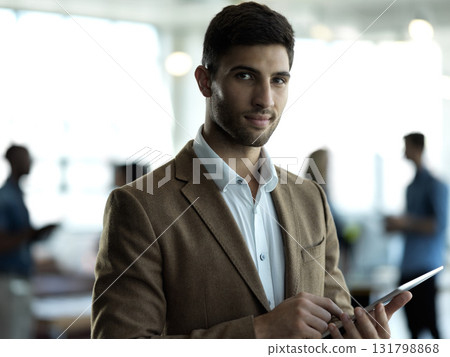 Technology, face and portrait of businessman with tablet, confident business leader in Saudi Arabia. Research, leadership and agency ceo networking and online b2b communication management at startup Technology, face and portrait of businessman with tablet, confident business leader in Saudi Arabia. Research, leadership and agency ceo networking and online b2b communication management at startup 131798868