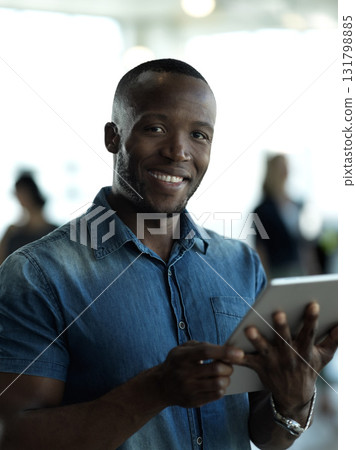 Smile, business and portrait of black man with tablet for email, sales or global networking. Research, happy company leader with vision and online communication in b2b management at startup office. Smile, business and portrait of black man with tablet for email, sales or global networking. Research, happy company leader with vision and online communication in b2b management at startup office. 131798885