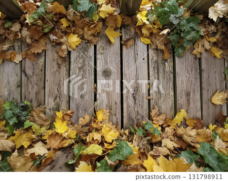 Background material of an old wooden floor covered with dead leaves (autumn atmosphere) 131798911
