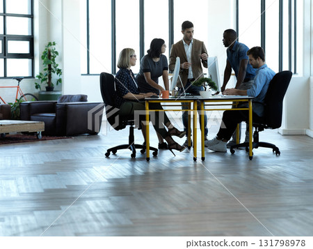 Business people, meeting and mentor training team in office, boardroom or conference table for strategy. Group of employee workers with coach in planning for company goals in workshop 131798978