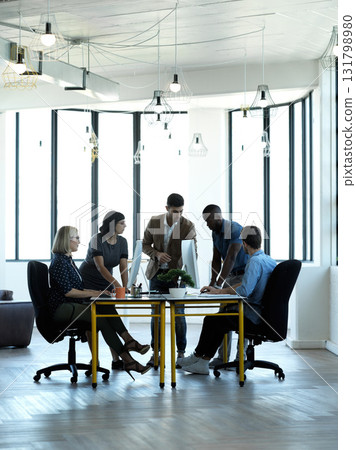 Business people, meeting and team collaboration for corporate strategy in boardroom or conference table. Group of employee workers in planning, brainstorming or teamwork for company goals in workshop 131798980