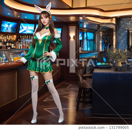 一位身穿兔女郎裝的女角色扮演者在酒吧擺姿勢 一位身穿兔女郎裝的女角色扮演者在酒吧擺姿勢 131799005