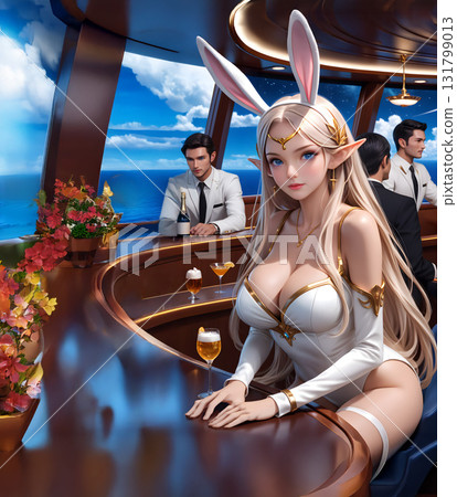 A beautiful elf-eared bunny girl sitting at the counter bar on a cruise ship A beautiful elf-eared bunny girl sitting at the counter bar on a cruise ship 131799013