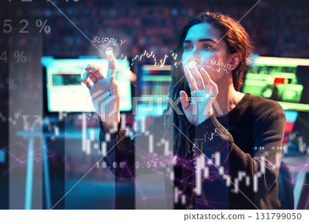 Woman hacker, finance or hologram chart in night office on stock market analytics, touch planning or growth. Financial data, girl trading or hands on 3d screen interactive ux digital graphs forecast 131799050