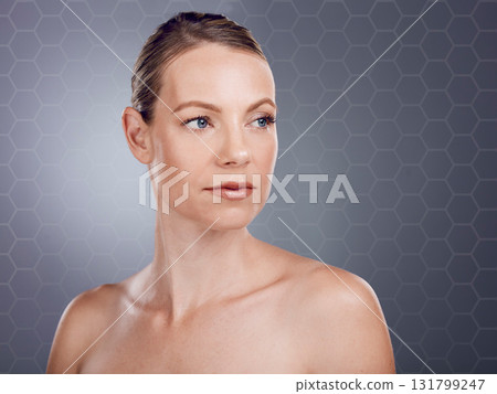 Skincare, beauty mockup and face of woman on gray background for wellness, cosmetics and makeup. Dermatology, luxury spa and girl with hexagon pattern for facial treatment, anti aging and self care Skincare, beauty mockup and face of woman on gray background for wellness, cosmetics and makeup. Dermatology, luxury spa and girl with hexagon pattern for facial treatment, anti aging and self care 131799247