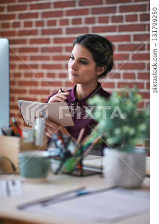 Business woman, notebook and thinking of employee with web design planning. Digital designer, working and worker with notes at a office desk with ideas for website and ux project for startup Business woman, notebook and thinking of employee with web design planning. Digital designer, working and worker with notes at a office desk with ideas for website and ux project for startup 131799250