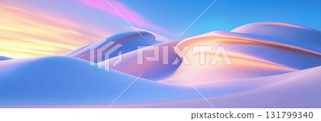 Twilight ice desert landscape with smooth frozen dunes and icy surfaces showcasing cool blue and violet tones. 3D landscape scenery 131799340