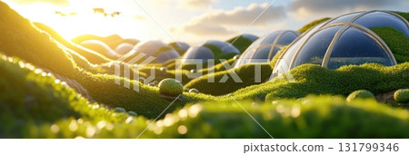 Futuristic agricultural valley with genetically modified crops and autonomous drones. 3D landscape scenery 131799346