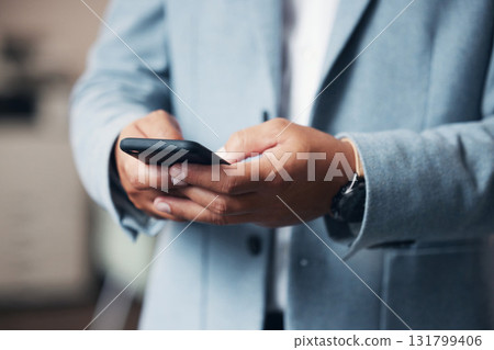 Businessman, hands and phone typing on office schedule, financial management app or investment calendar. Zoom, corporate and finance ceo on mobile technology for insurance review, research or savings 131799406
