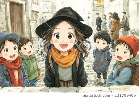 Miyu Series: Miyu, a high school witch, smiling and talking to children in the city on Halloween night 131799409
