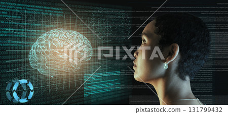 Screen, code and ai, brain hologram and black woman, programming with future technology. Robot, knowledge and data analysis, IT and software with human mind, neurology and 3D with robotics innovation Screen, code and ai, brain hologram and black woman, programming with future technology. Robot, knowledge and data analysis, IT and software with human mind, neurology and 3D with robotics innovation 131799432