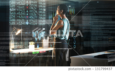 Hologram numbers, stock exchange or business woman review finance panel, IPO database or future night overlay. Forex investment ui, data analysis hud or thinking broker trading NFT, bitcoin or crypto 131799437