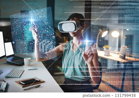 Woman, coding and night with vr double exposure, hologram graphic or web design planning for cybersecurity. Developer, augmented reality glasses or future cloud computing at office with metaverse ux Woman, coding and night with vr double exposure, hologram graphic or web design planning for cybersecurity. Developer, augmented reality glasses or future cloud computing at office with metaverse ux 131799438