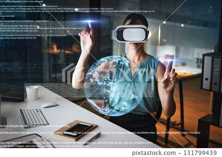 Earth overlay, global network or woman in virtual reality or vr for a 3d experience in office at night. Future, metaverse globe or employee networking with a futuristic digital online innovation Earth overlay, global network or woman in virtual reality or vr for a 3d experience in office at night. Future, metaverse globe or employee networking with a futuristic digital online innovation 131799439