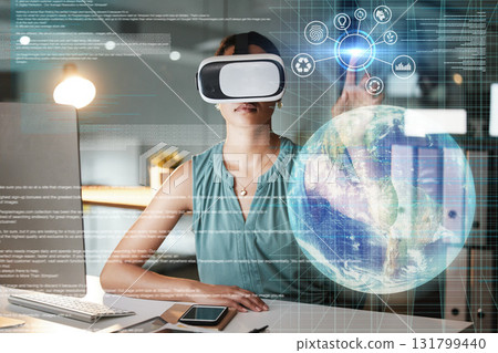 Global network, globe overlay or woman in virtual reality or vr glasses for 3d ai or iot experience in office. Metaverse technology or person networking with a futuristic digital online innovation Global network, globe overlay or woman in virtual reality or vr glasses for 3d ai or iot experience in office. Metaverse technology or person networking with a futuristic digital online innovation 131799440