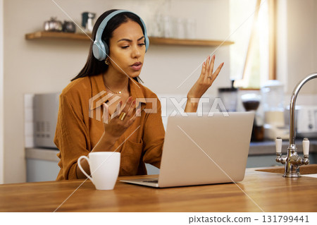 Video call, remote work and woman on laptop in meeting for virtual discussion, strategy and planning at home. Freelance, business and girl with headphones for seminar, working online and conversation 131799441