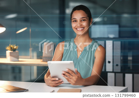 Office tablet, night portrait and black woman editing social network article, digital website or online web blog. Happy research employee, media business and journalist working overtime on news post 131799460